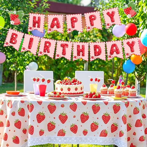 Image of Strawberry Birthday Decorations Strawberry Happy Birthday Banner Summer Fruit Berry Sweet Girl Party Decoration for Kids Girls Birthday Party Baby Shower Wedding Supplies