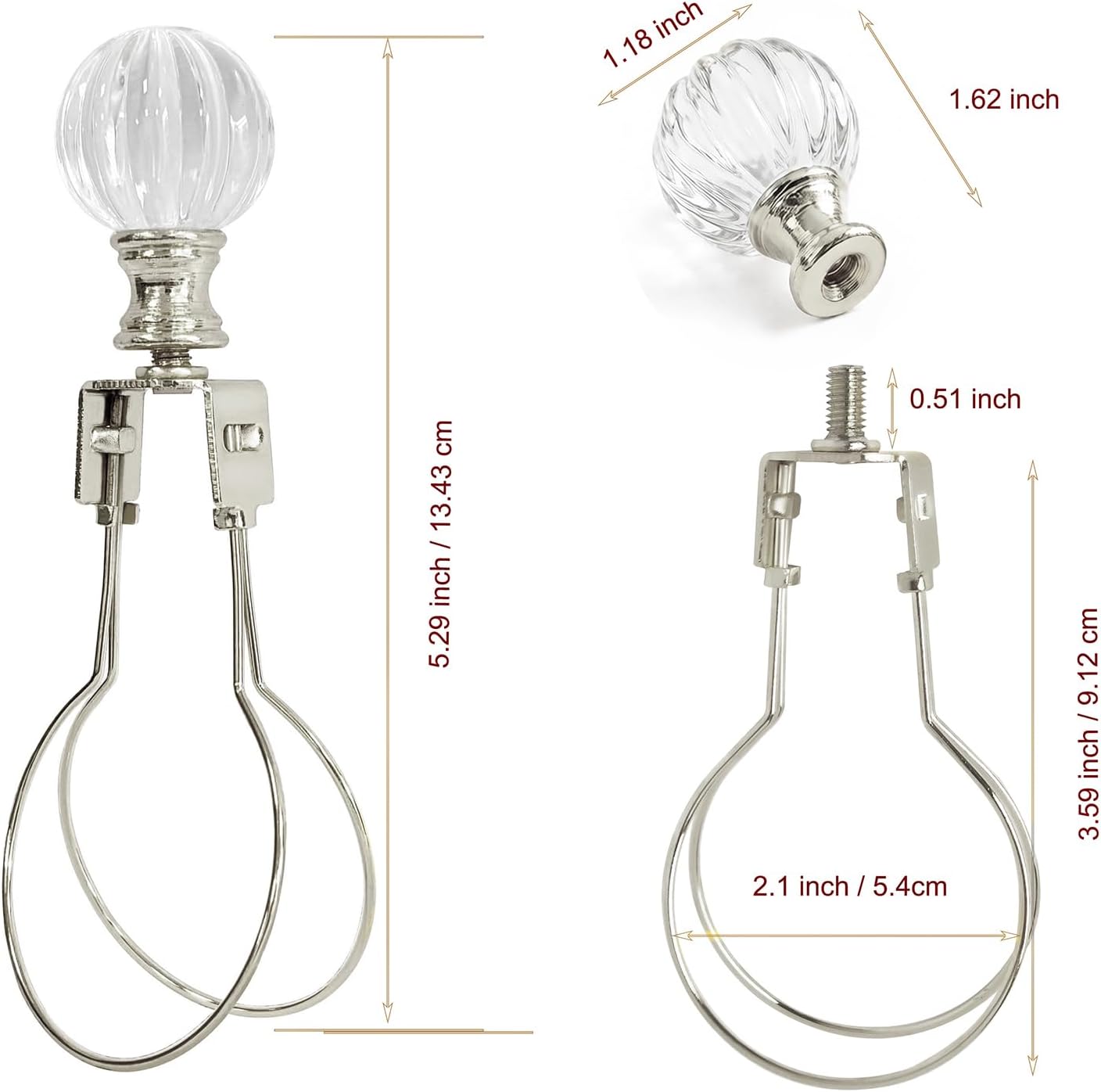 GY & CK Bulb Clip Adapter and Pumpkin Shape Crystal Glass Finial Set DIY Lamp Parts Light Bulb Clip and Glass Lamp Finial (Nickel)