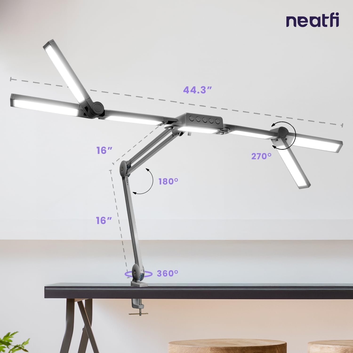 Neatfi 3,000 Lumens LED Desk Lamp, Dimmable, 360 SMD LEDs, 30W, CRI 95, Adjustable Light Modes, Task Lamp for Home Office, Study, Workstation (Silver, 44-Inch, CCT with Clamp)