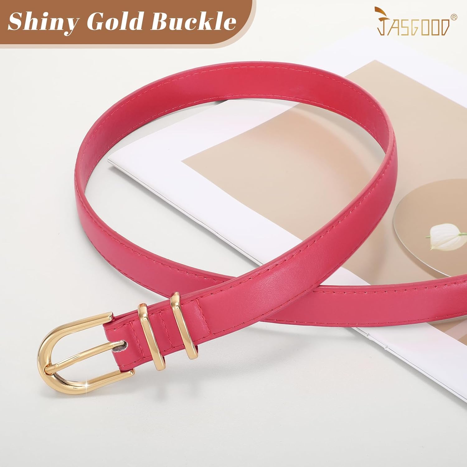 JASGOOD Women Skinny Leather Belt for Jeans Pants Fashion Ladies Thin Belt for Dress with Gold Single Prong Buckle - Image 3