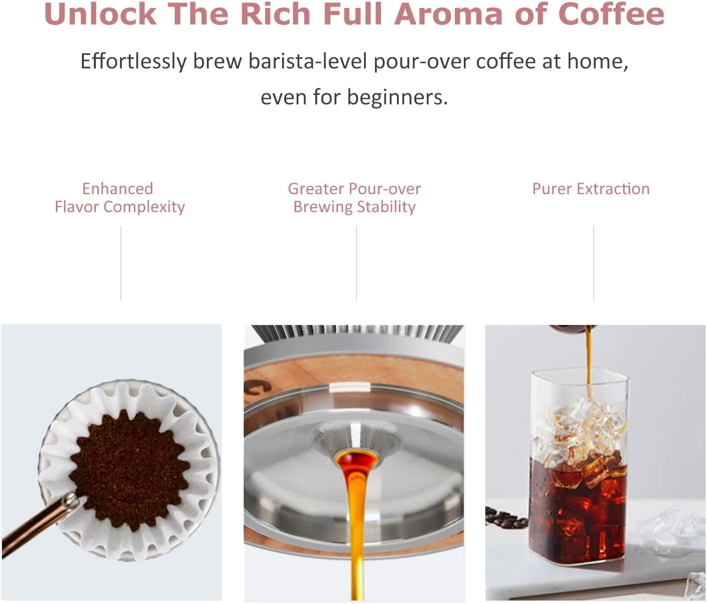 Pour Over Coffee Dripper Drip Coffee Pour Over Maker Resuable Blossom Cone Funnel Stainless Steel Metal Coffee Filter for Travel, Camping, Office, Home, Coffee Maker Brew (Sunset Blush)