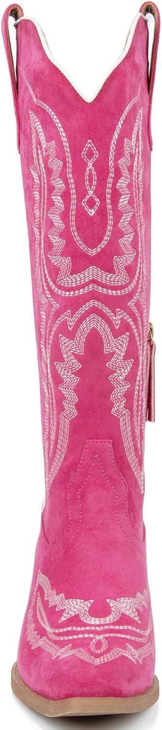 Meefit Cowboy Boots for Women Knee High Cowgirl Boots Pointed Toe Chunky Heel Western Boots,Retro Country Boots,Vintage Tall Boots(hot pink,US6.5) - Image 3