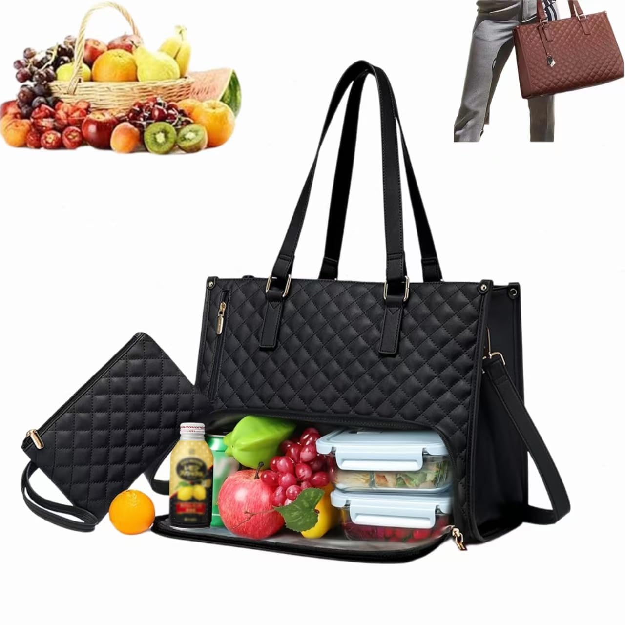 Dewppxi Lunchtasche für Damen, 15,6 Zoll (39,6 cm) Laptop-Tasche mit isoliertem Lunchfach, Große Tragetasche mit Lunch-Fach, 2-in-1 Lunch Bag Handta