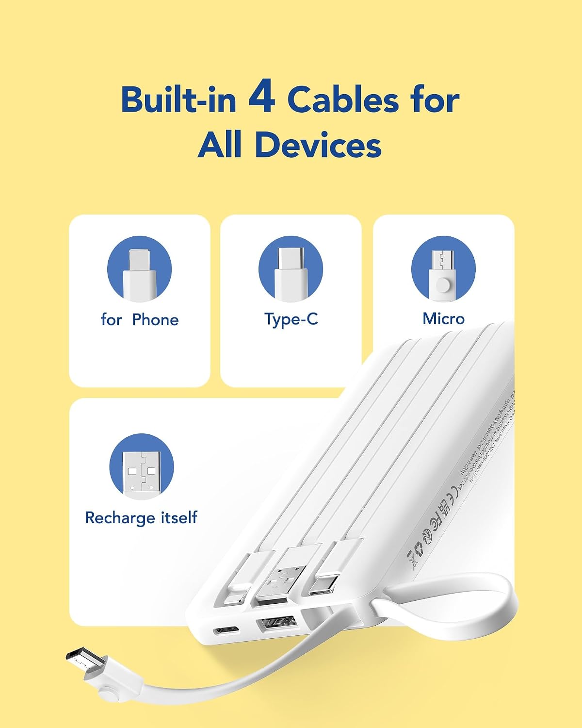 VRURC Portable Charger, Built-in Cables Power Bank 10000mAh, LED Display Slim USB C Battery Pack with 5 Output 2 Input for iPhone, Samsung, Android etc-White(1 Pack) 4 61VT2eQfmEL. AC SL1500