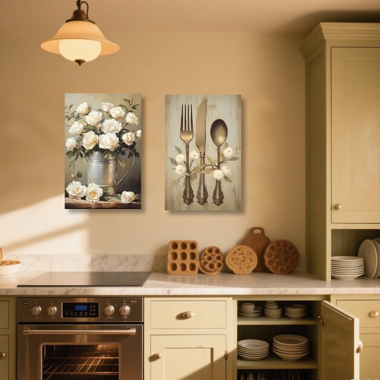 ZSHARTSWD Kitchen Wall Art 2 Piece Vintage Kitchenware Pictures Farmhouse Floral Tableware Canvas Print Rustic Flower Painting Dining Room Home Decor Framed (Brown, 11.00" x 14.00" x 2PCS)