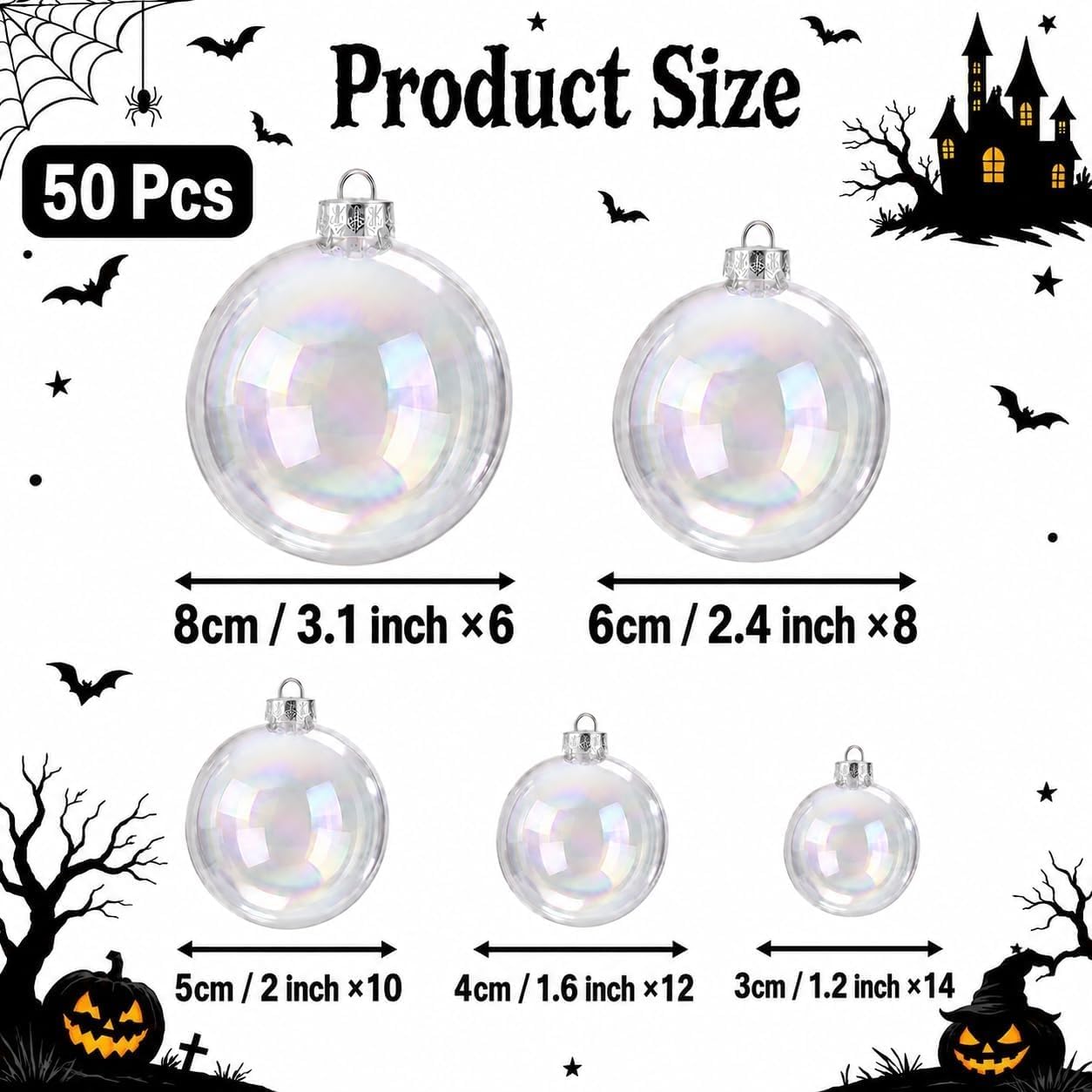 60PCS Iridescent Clear Ornament Balls, 5 Sizes, Halloween Christmas Decor