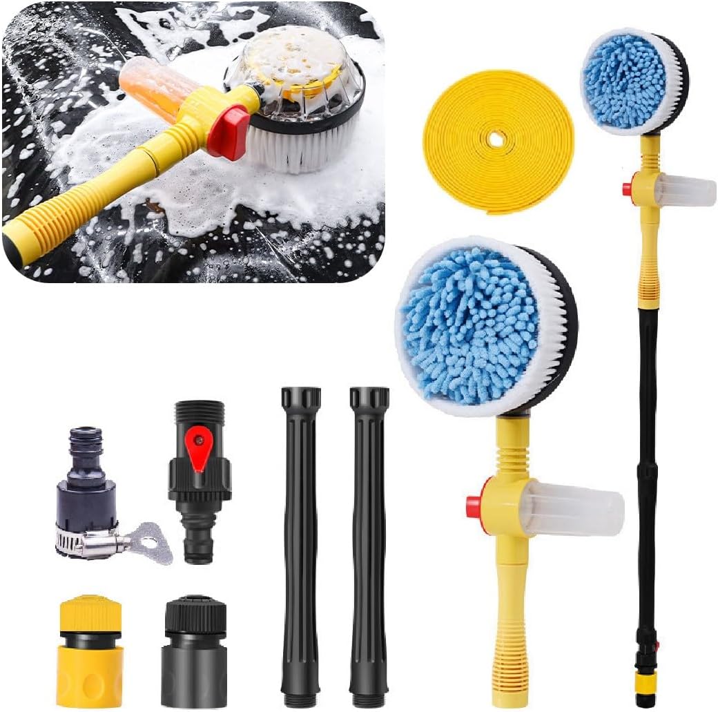 Rotating Car Wash Brush, 360° Spin Auto Cleaning Brush with Long Handle, Detachable Washing Brush with Soft Chenille Bristles Universal for Most Vehicles, Car Accessories (Brush+5m Hose)