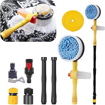 povtii Rotating Car Wash Brush, 360 Spin Auto Cleaning Brush with Long Handle, Detachable Washing Brush with Soft Chenille Bristles Universal for Most Vehicles, Car Accessories Brush+5m Hose