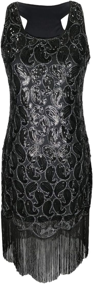 Womens 1920s Flapper Great Gatsby Cocktail Dance Ladies 20s Art Deco Dress Black/Golden Size 10/12/14