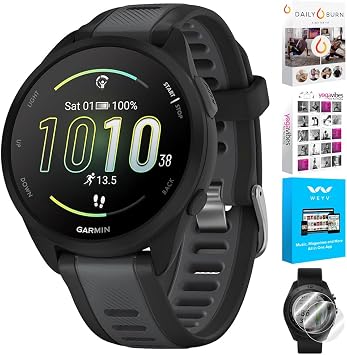 Garmin 010-02863-20 Forerunner 165 Smart Sport Watch, Black + Slate Gray | Official USA Partner Model | Bundle with Deco Essentials 2-Pack Screen Protector and Tech Smart USA Fitness & Wellness Suite