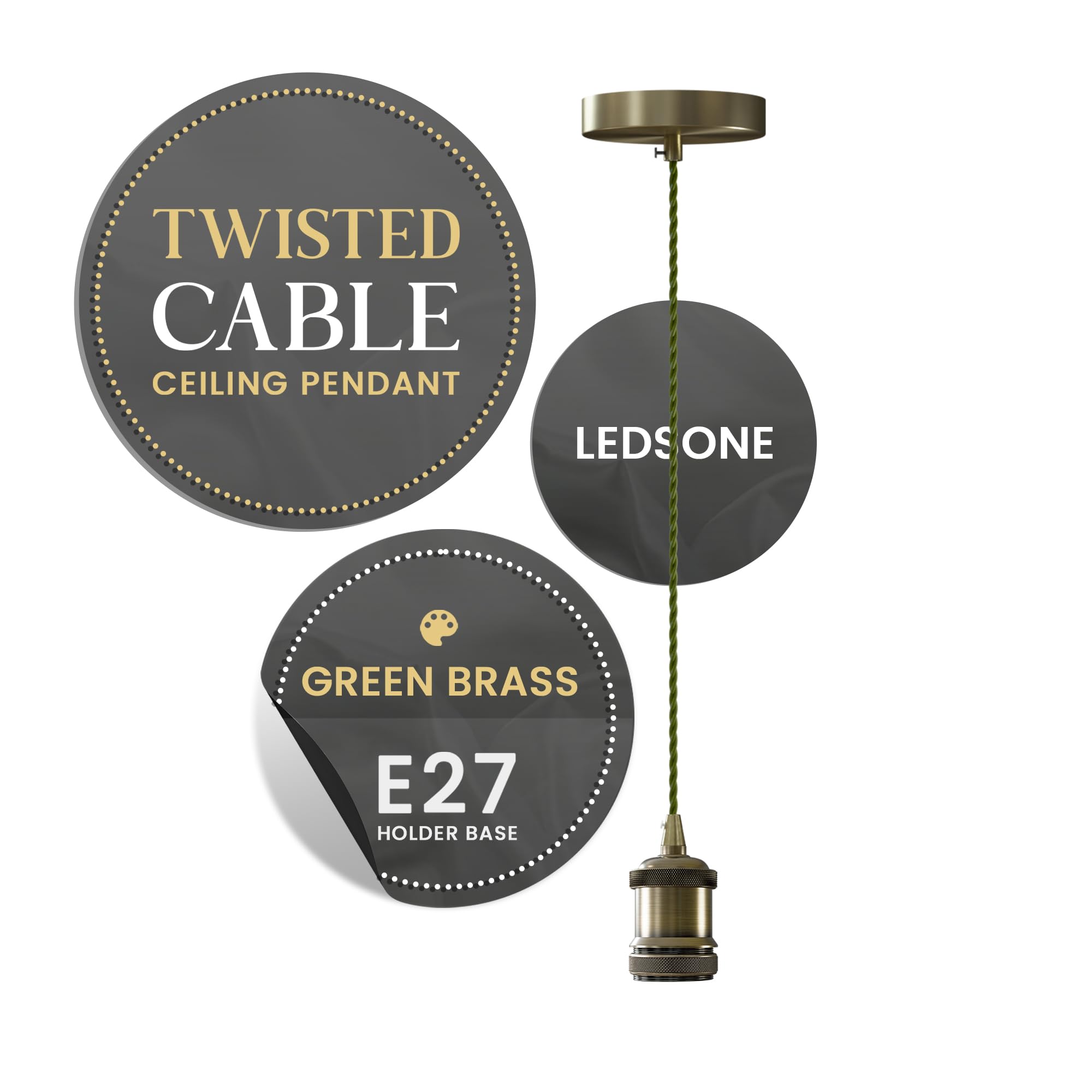 LEDSone Green Brass Vintage Pendant Light E27 1m Twisted Braided Cable Ceiling Lamp Holder Kit Adjustable Hanging Light for Kitchen Island, Dining Room, Bar, Café & Loft Lighting