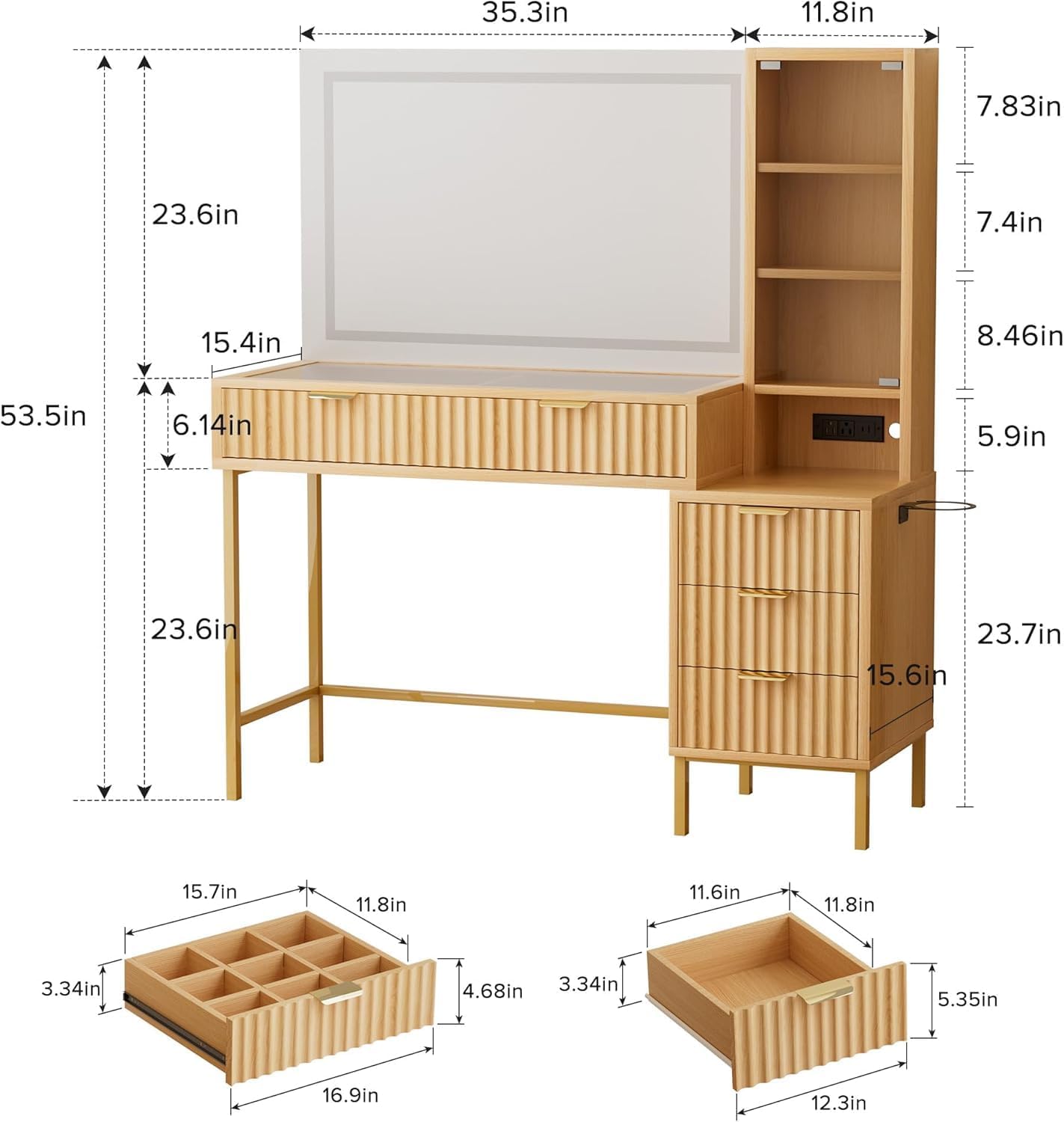 EOYUTLLY 48" Fluted Makeup Vanity Desk with 36" Mirror and Light,Glass Top Wooden Vanity Table with Charging Station,5 Drawers, 3 Adjustable Shelves & 3 Color Lighting Mode, Bedroom Dressing Table,Oak