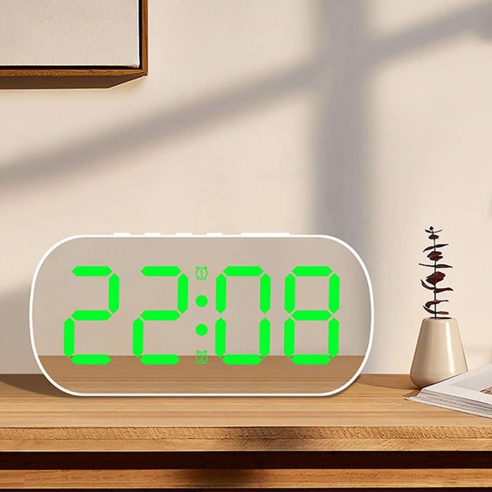 BildeeMait Digital Alarm Clock with Adjustable Brightness, LED Mirror Display Showing Date Temperature, 5 Levels Dimming Night Mode, USB or for battery Powered Desktop Clock Bedroom Office