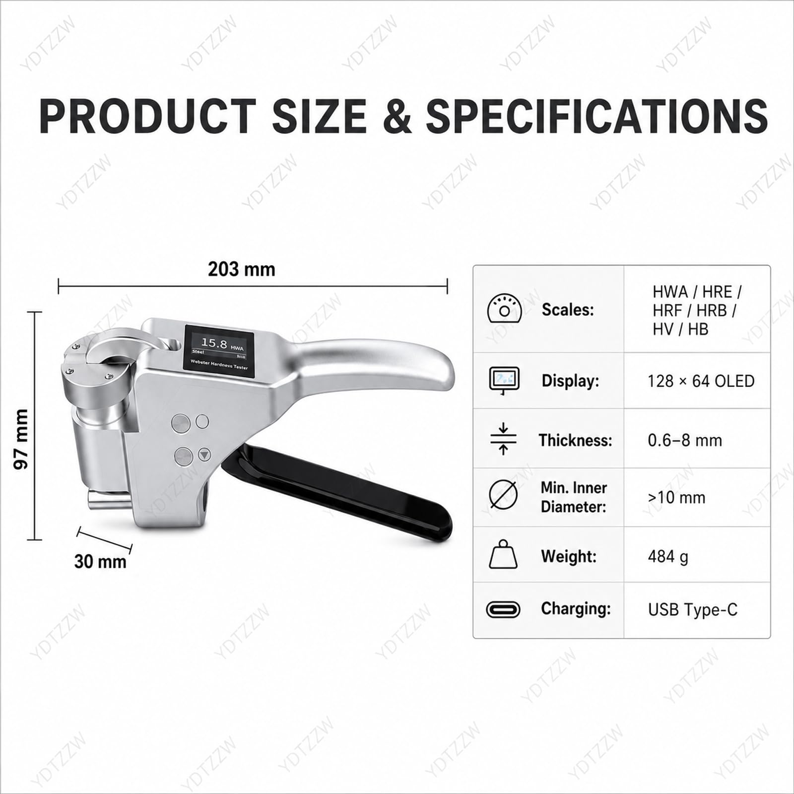 Durómetro Digital Webster, medición portátil de la dureza del Aluminio, Rango de 0 a 20 HWA, Espesor de 0,6 a 8 mm, resolución de 0,1 HWA, precisión de ±0,5 HWA, para perfiles, láminas y Tubos