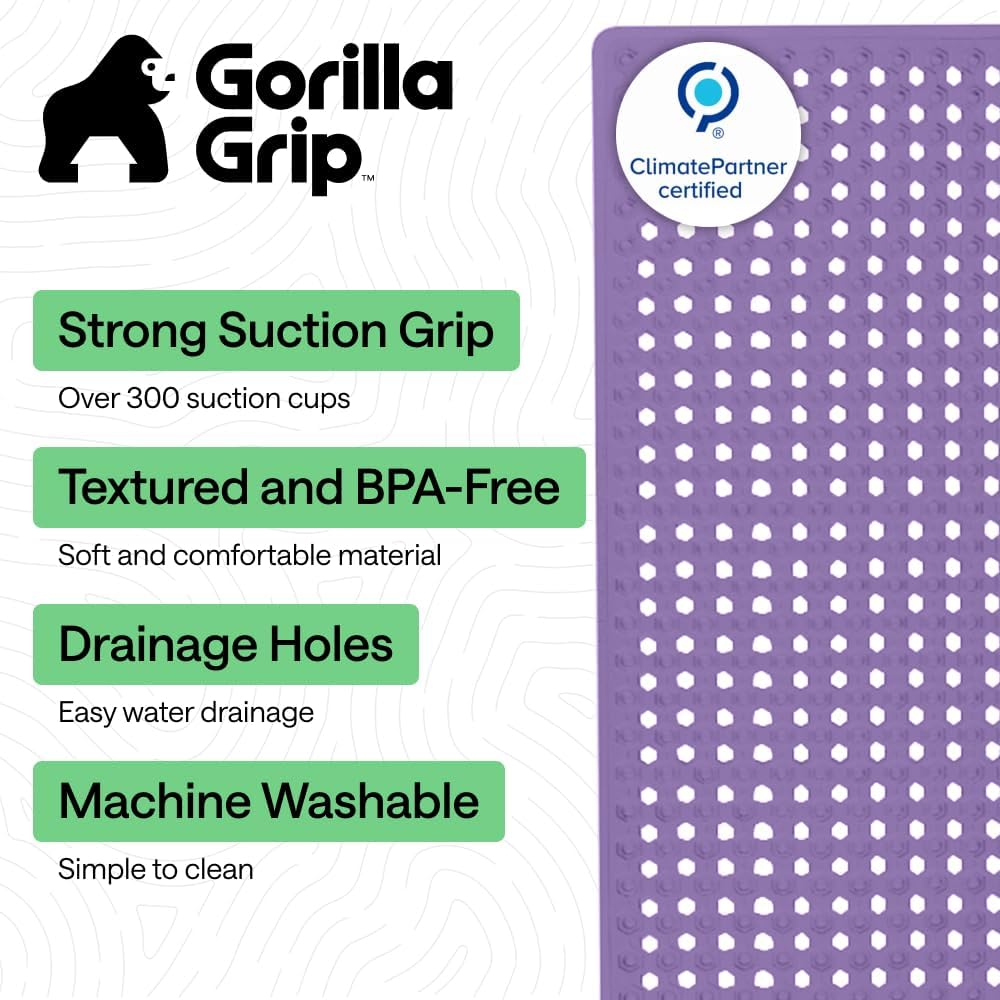 GORILLA GRIP Patented Bath Tub Shower Mat, Machine Washable Bathtub Floor Liner Mats, Suction Cups and Drain Holes to Keep Tubs Clean, Soft on Feet, Bathroom Essentials, 35x16 Inch, Purple Opaque