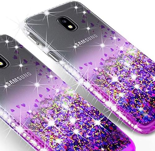 Galaxy J3 Orbit/J3 Star/J3 Achieve/J3v 3rd Gen/Express Prime 3/Amp Prime 3 Case Liquid Glitter Quicksand Cute Bling Phone Case Cover w/Tempered Glass Compatible for Samsung J3 2018 Cases, Clear/Purple