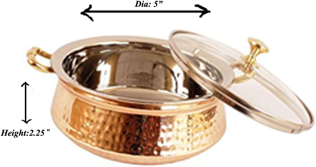 Prisha India Craft Hammered Copper Serving Bowl for Food Soup with Handle and Glass Lid, Bowl Diameter 5.00" X Height - 2.25"