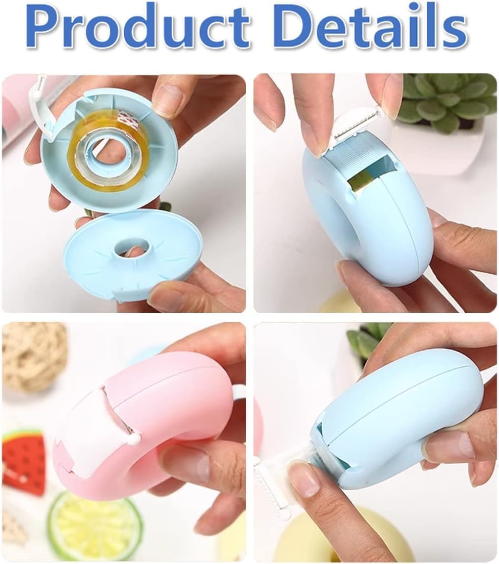 2 Pieces Tape Dispenser, Donut Shape Candy Color Tape Dispensers Donut Invisible Tape Cutter Tape Organizer Portable Roll Tape Holder for Office or School Supply(Blue, Green) image 3