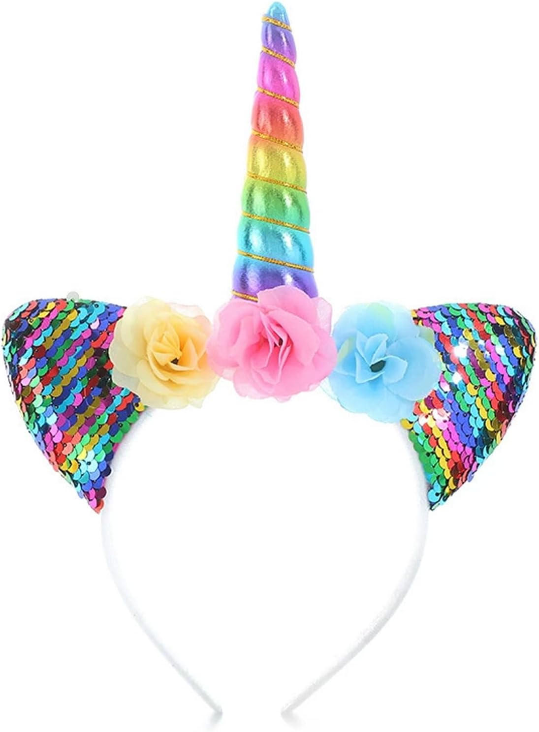 Unicorn Horn Headband with Glitter Ears Flowers Hair Hoop Sparkly Unicorn Hairband