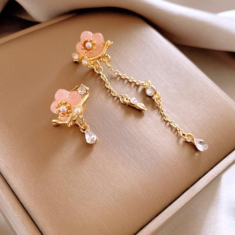 Pink Flower Dangle Earrings Floral Zircon Ear Stud Cute Peach Blossom Long Tassel Earrings Asymmetrical Flower Earring Jewelry for Women - Image 6
