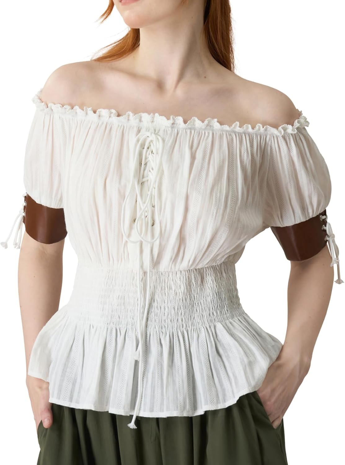 YESSA Women Renaissance Shirt,Victorian Off Shoulder Peasant Blouse,Pirate Short Sleeve Smocked Tops,Ren Faire Costumes