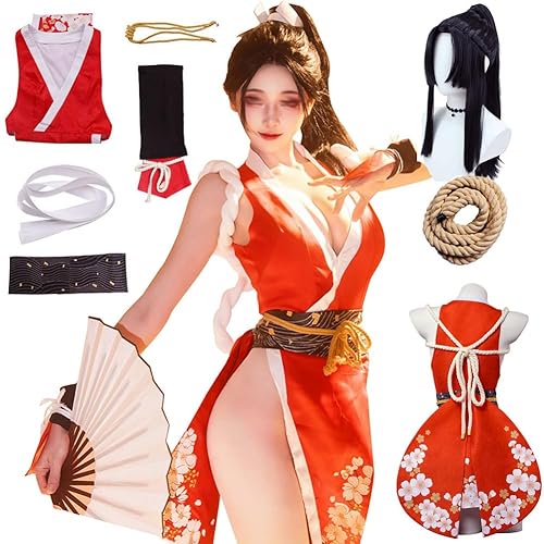 XINVOQFG Mai Shiranui Cosplay Costume Red Uniform Skirt Outfit for Women - Suit+wig - XX-Large