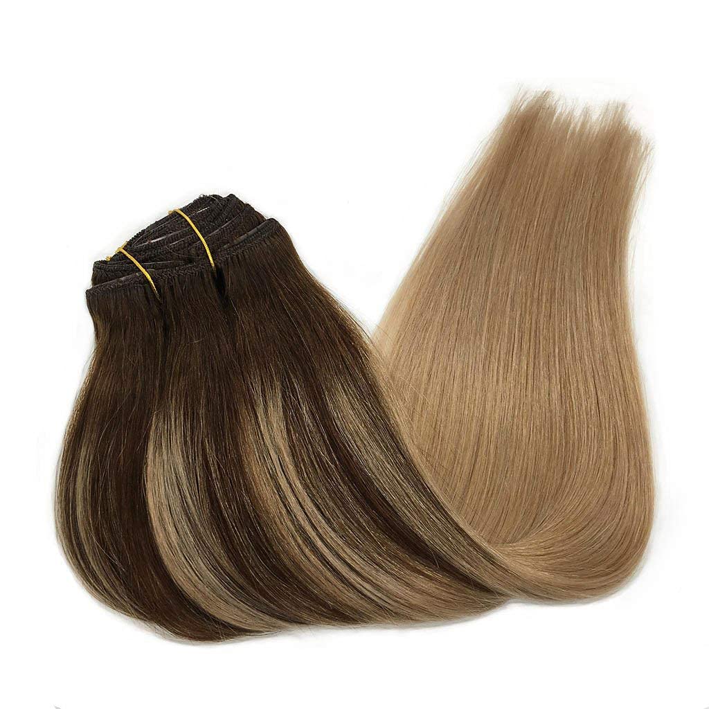 GOO GOO Clip in Hair Extensions Real Human Hair, Remy Human Hair Extensions Clip ins for Women, Natural Human Hair, 14inch 120g 7Pcs, 4/18 Balayage Chocolate Brown Highlighted Dirty Blonde thumbnail