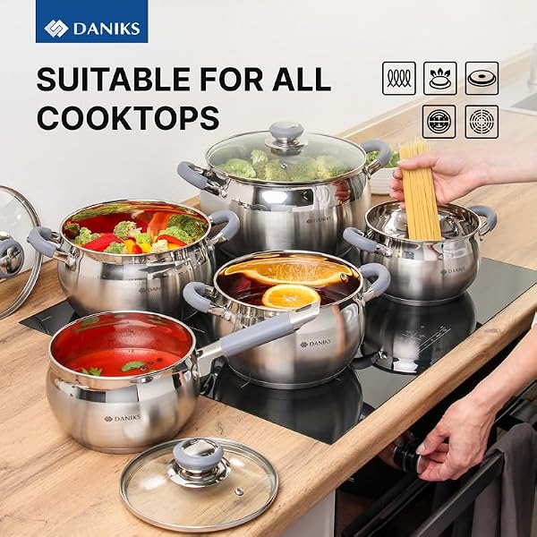 Daniks Modern 2 Quart Stainless Steel Stock Pot with Glass Lid, Tri-Ply Bottom for Even Heating, Induction Compatible, Dishwasher Safe, Heatproof Handles by Daniks - Used condition - Image 6