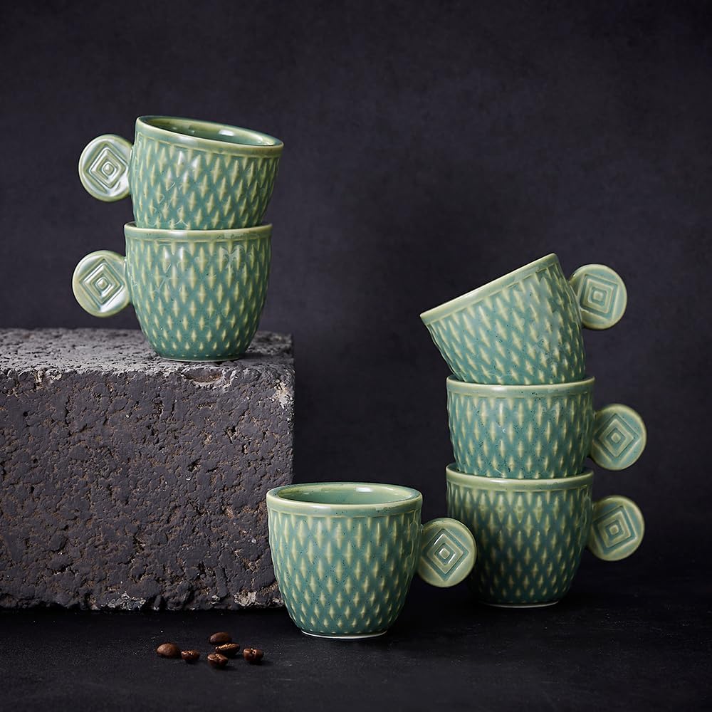 Vintage Ceramic Espresso Cups, 3 oz Demitasse Cups, Unique Embossed Small Espresso Coffee Cups (Green)