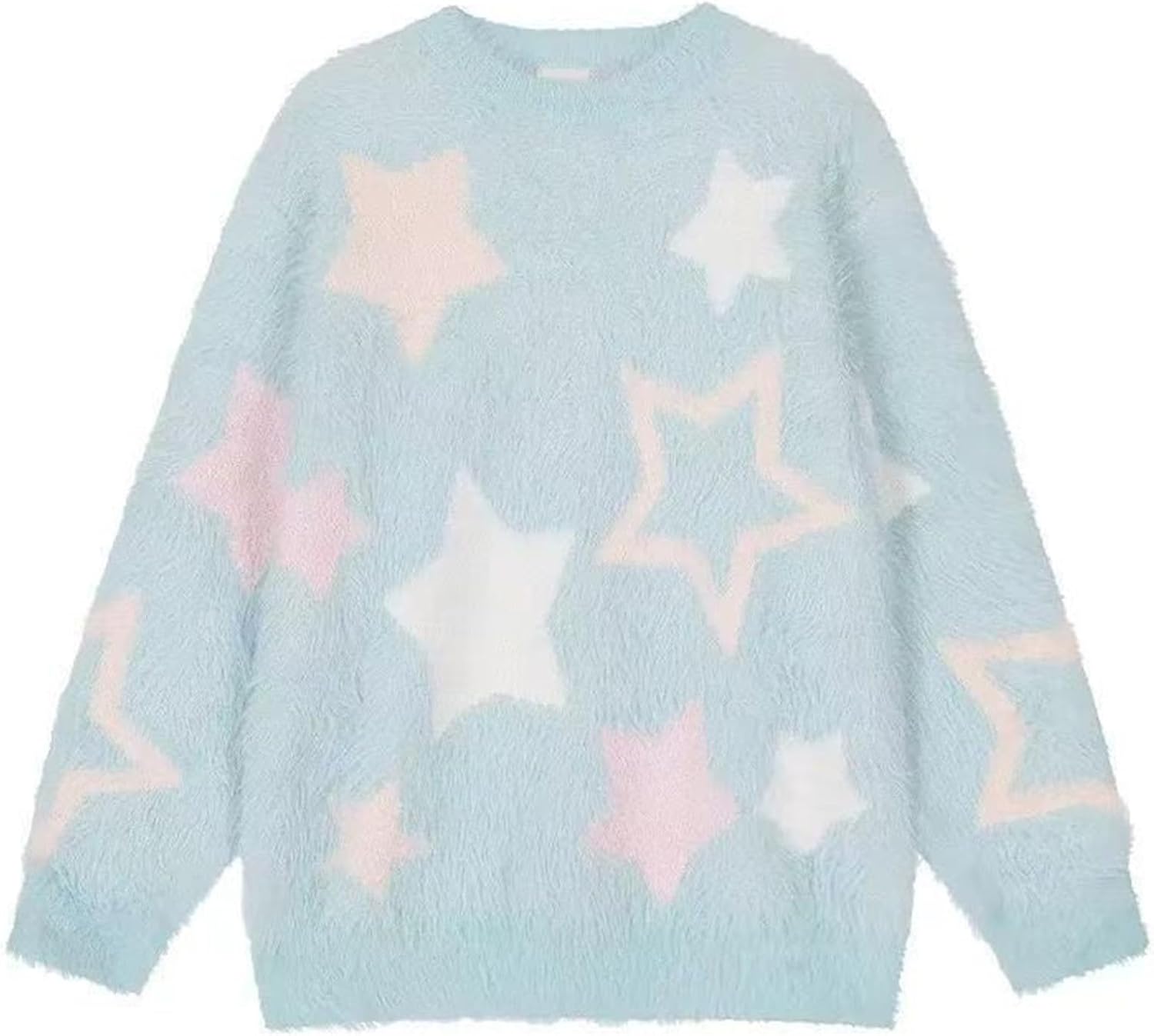 Soft Plush Star Pattern Sweater, Light Blue and Pink, Cozy Knit Pullover with White Star Design