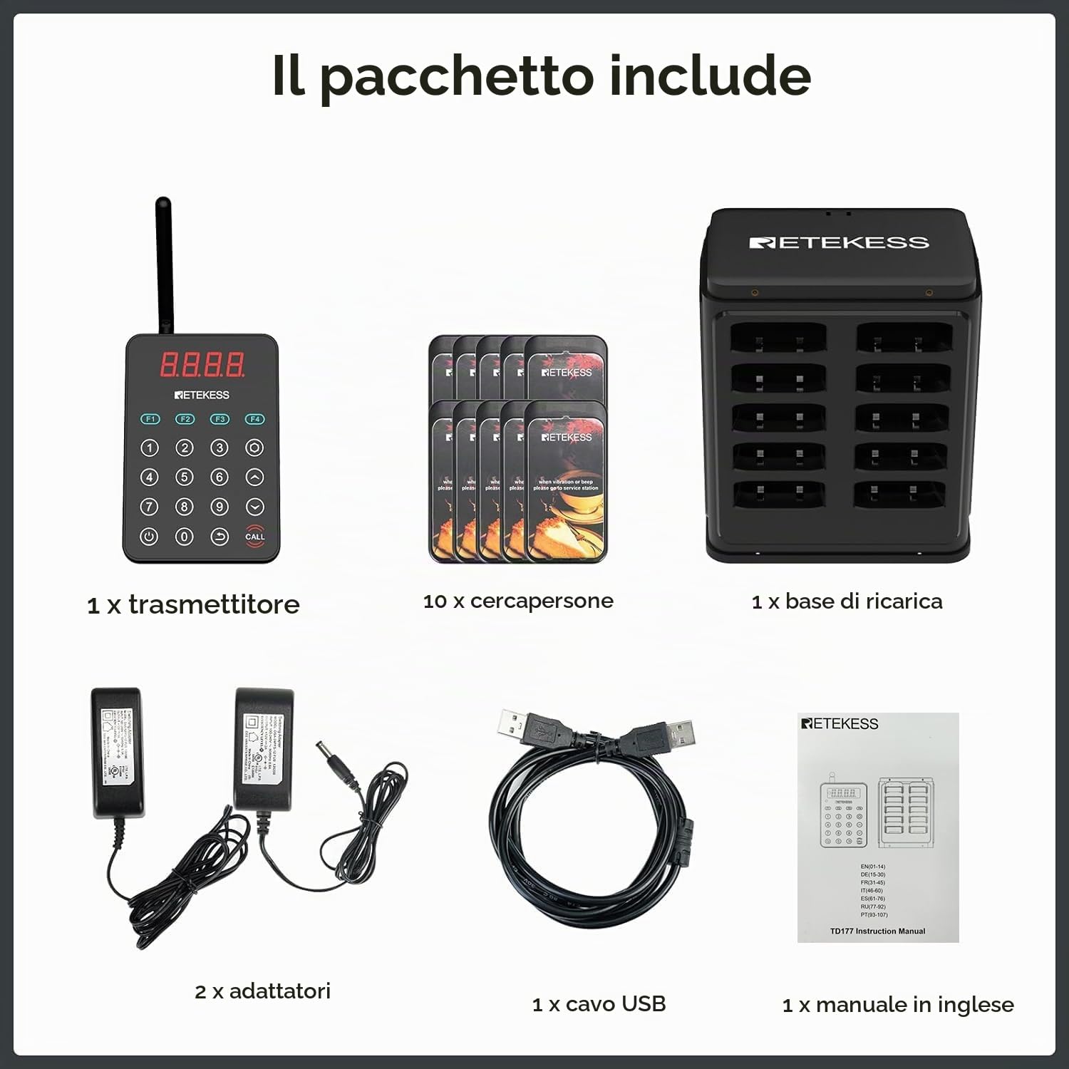 Retekess TD177 Cicalino Ristorante, Pager Ristorante, 10 Cercapersone | per Caffè, Food truck, Bar, 500M All'Aperto, Compatibile con il PC, Allarmi Fuori Gamma, Funzione Conto Alla Rovescia