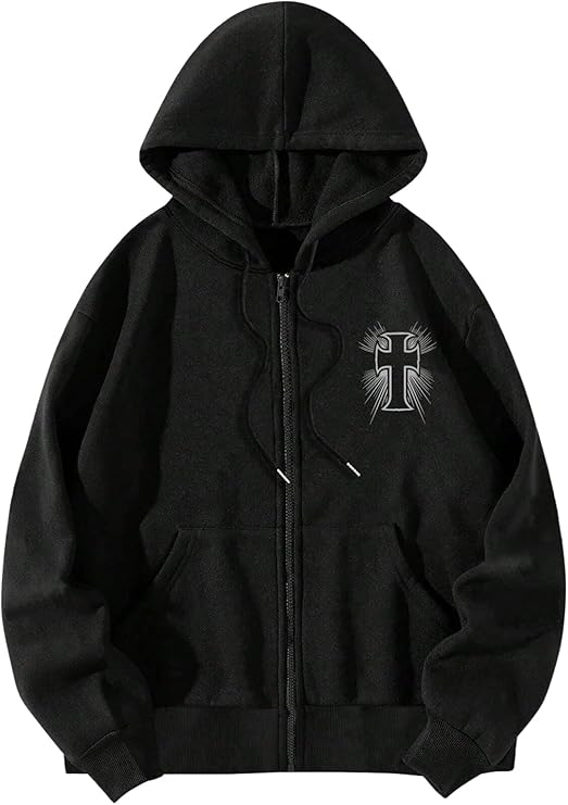 SHENHE Men's Zip Up Hoodie Wings Cross Print Graphic Goth Hoodie