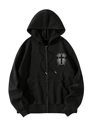 SHENHE Men's Zip Up Hoodie Wings Cross Print Graphic Goth