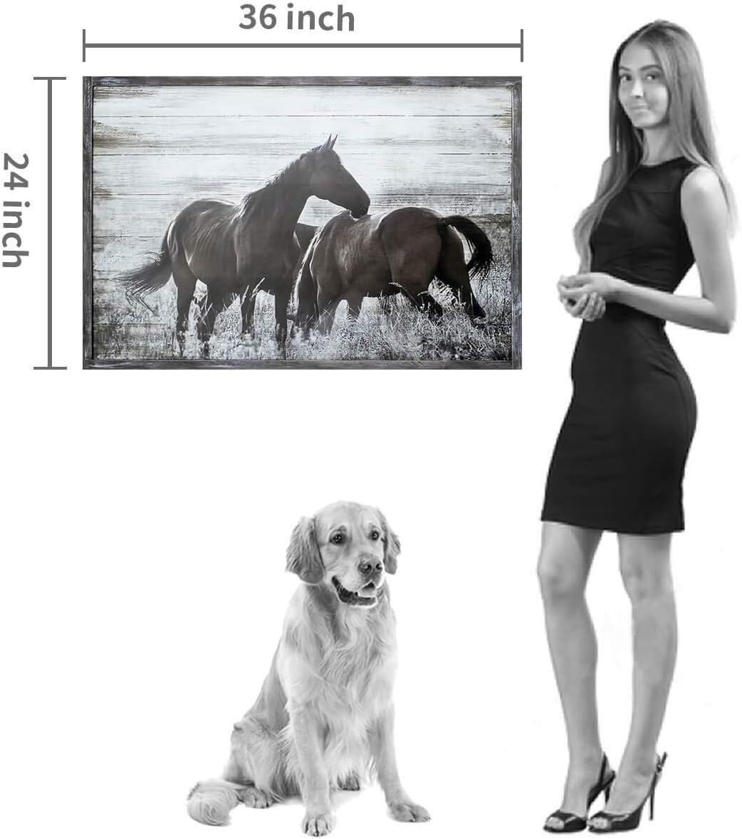 Crazy Clearance Farmhouse Wooden Horses Wall Art: Wild Animal Meadow Horse Picture Painting with Handcrafts Rustic Wood Framed Artwork for Living Room (36'' x 24'' x 1 Panel)