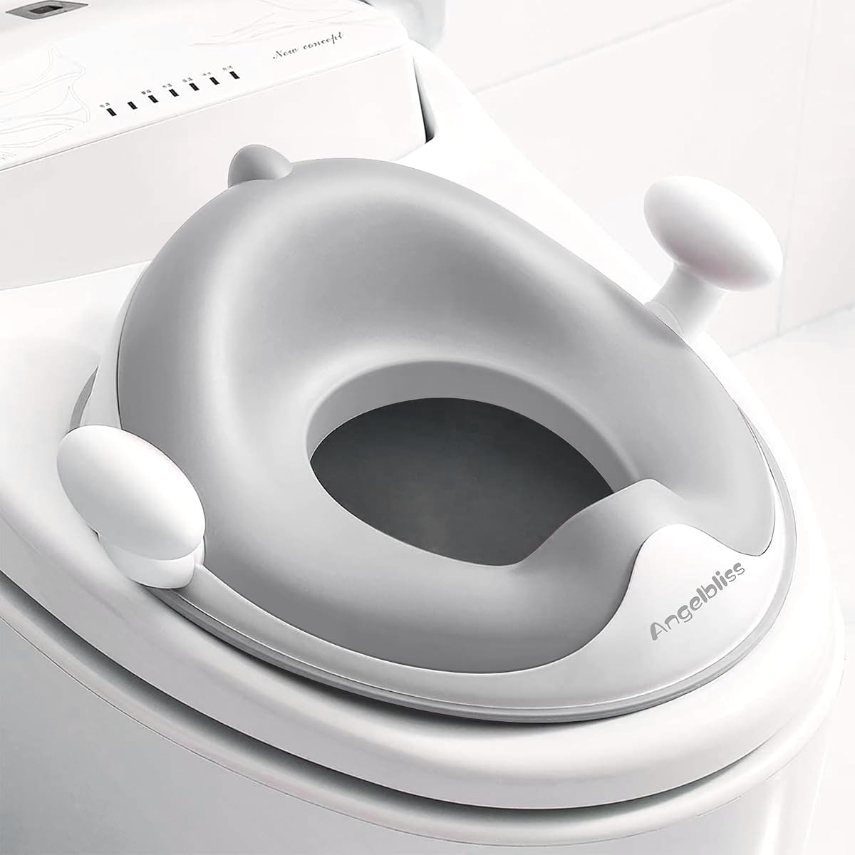 ANGELBLISS Asiento de inodoro para aprender a ir al baño con cojín, asas, protección contra salpicaduras | Ajuste antideslizante ajustable, cojín de PU extraíble, respaldo alto, gancho de almacenamiento incorporado, se adapta a la mayoría de los inodoros estándar, no cuadrados