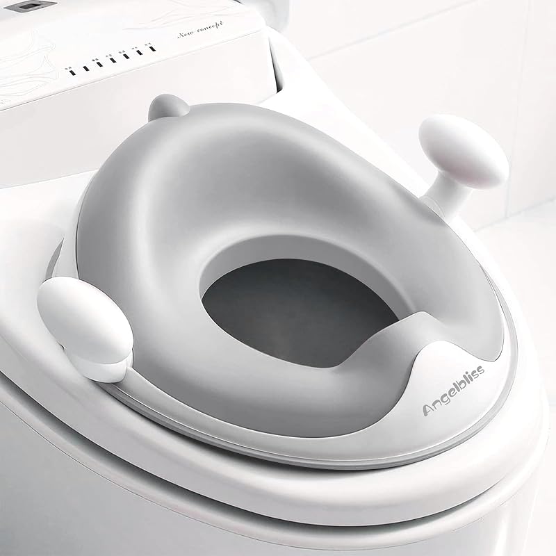 ANGELBLISS Asiento de inodoro para aprender a ir al baño con cojín, asas, protección contra salpicaduras | Ajuste antideslizante ajustable, cojín de PU extraíble, respaldo alto, gancho de almacenamiento incorporado, se adapta a la mayoría de los inodoros estándar, no cuadrados