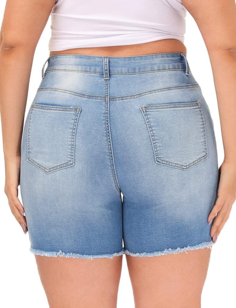 Women Plus Size Jean Shorts Stretchy High Waisted Frayed Raw Hem Denim Shorts 5.5" Inseam - Image 5