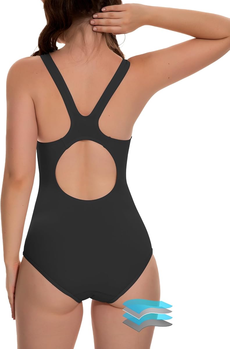 Period Swimwear One Piece Racerback Training Swimsuit | Color Block, Keyhole Back, Sporty Wide Strap Bathing Suit, Removable Pad, Leakproof Protection, Water Activities Teen Women
