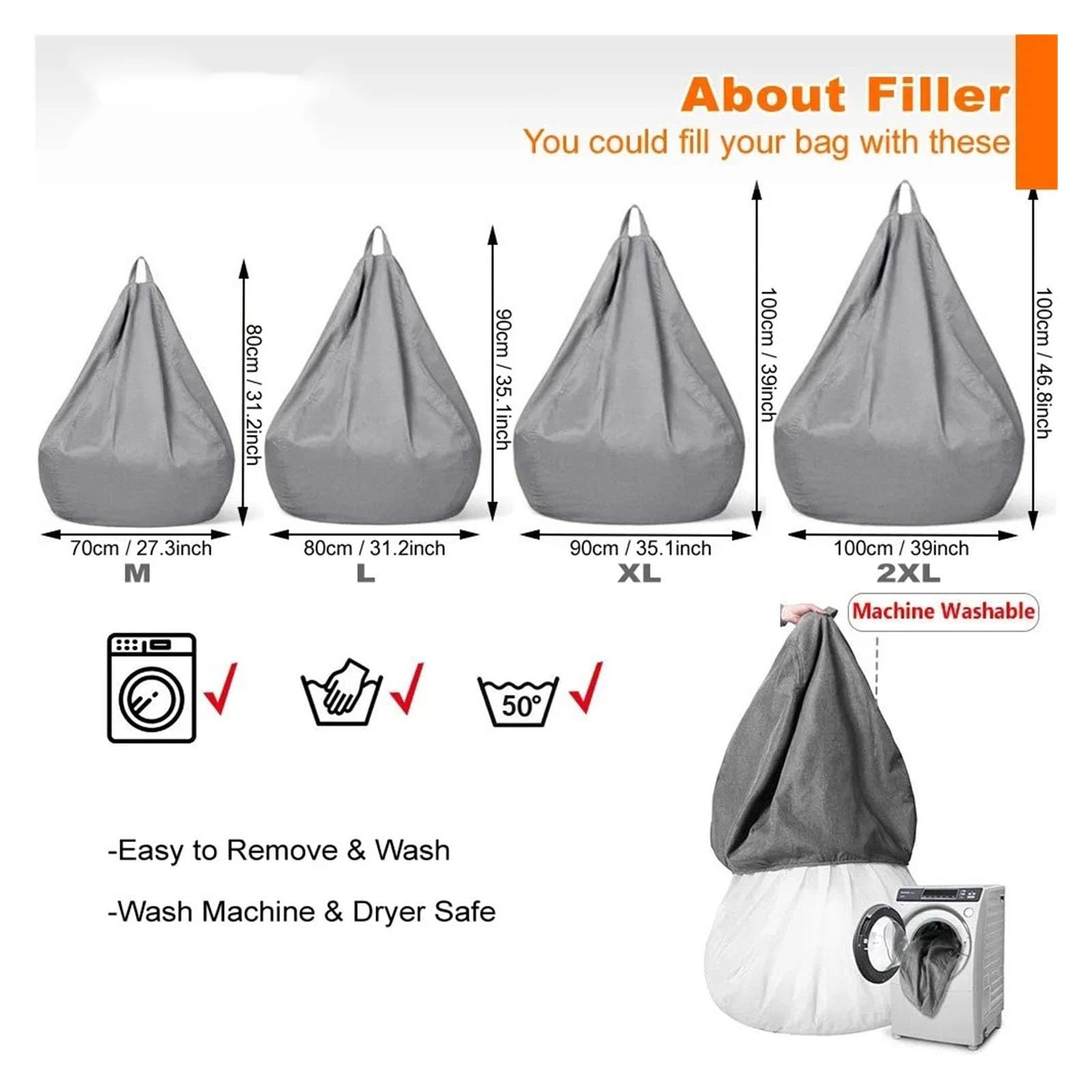 Pokrowiec na worek fasolowy z lnianej bawełny(Light grey,D100cm-cover-adults)