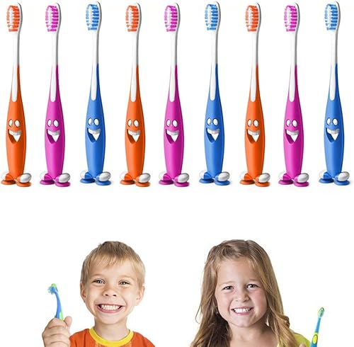 Miniatura 3 de Paquete de 9 cepillos de dientes Happy Smiley con cerdas suaves, soporte de ventosa, cuidado bucal para niños
