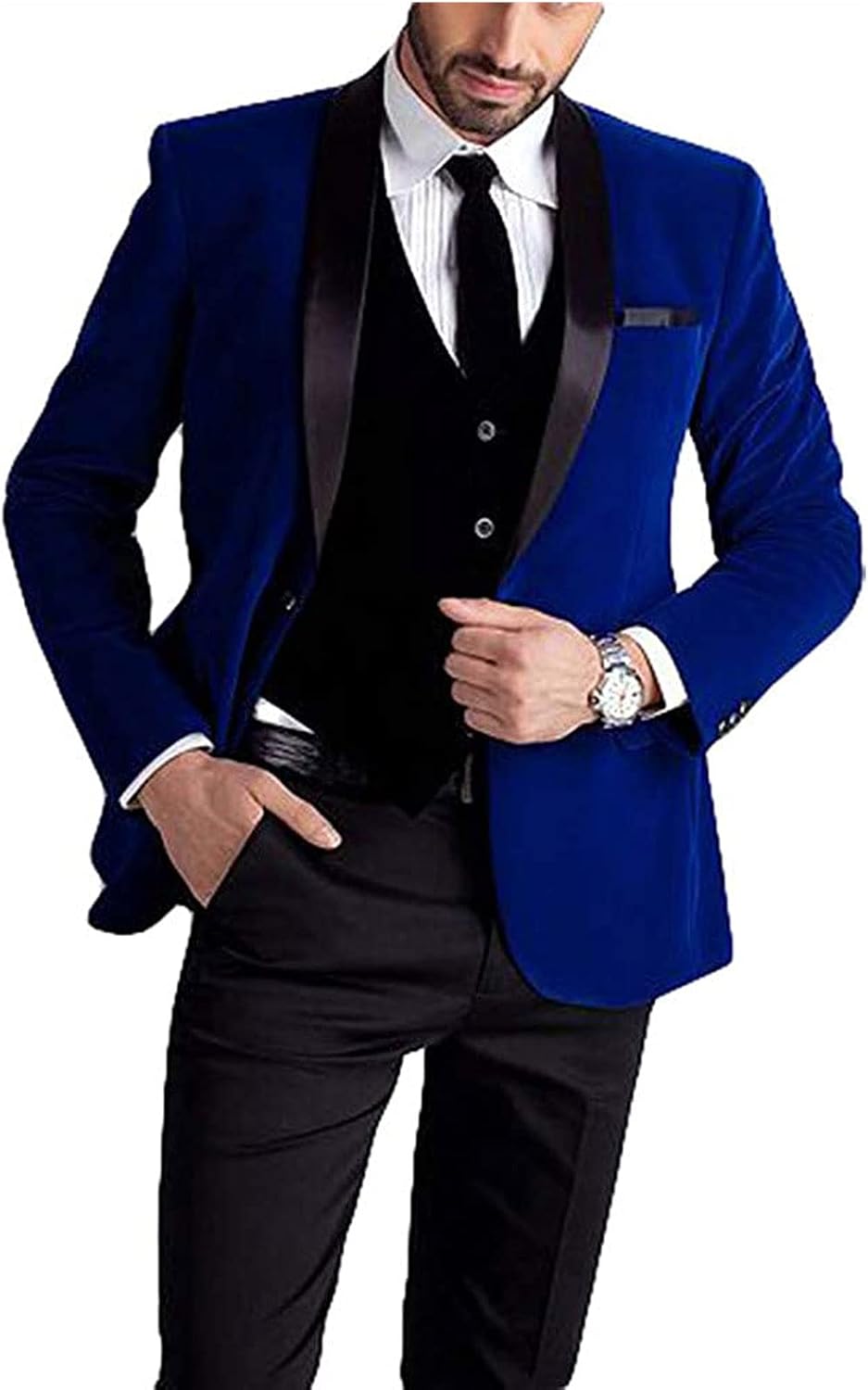 Men's One Button Royal Blue Suit Velvet Jacket Black Vest Pants 3 Pieces Wedding Suits Groom Tuxedos