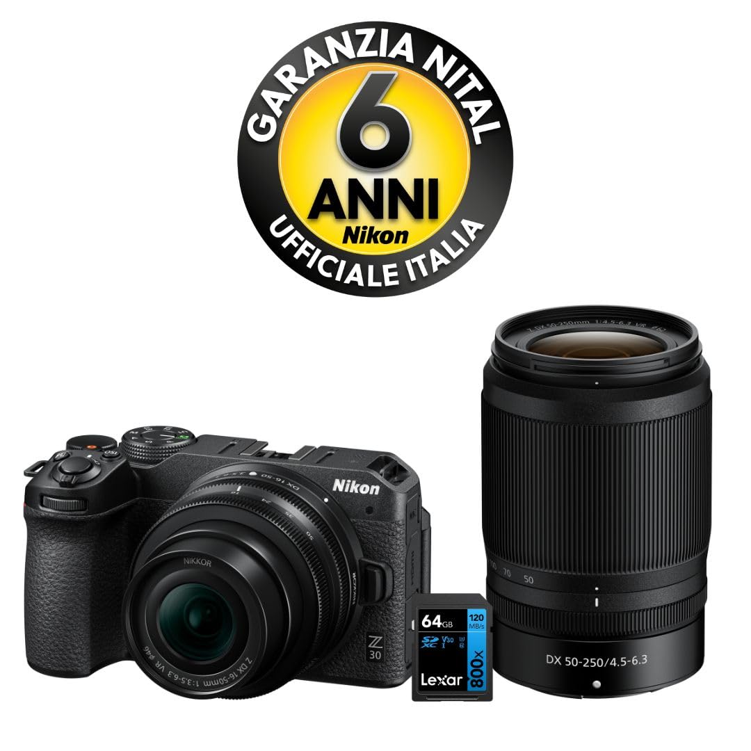 Nikon Z30 + Z DX 16-50+50-250 VR + Lexar SD 64GB 800x Fotocamera Mirrorless, CMOS DX 20.9 MP,LCD Angolazione Variabile,Registrazione fino a 125min, Video 4K,Nero, [Nital V.I.P.: 6 anni di garanzia]