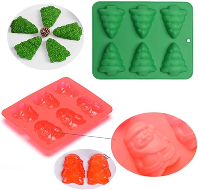 KeepingcooX Christmas Silicone Molds Set - 2Pcs, Santa Claus + Xmas Tree, Non-Stick Mould, for Chocolate, Pudding, Mousse, Small Muffin Cake, Candy, Dessert, 21 x 26 x 3 cm, Red&Green