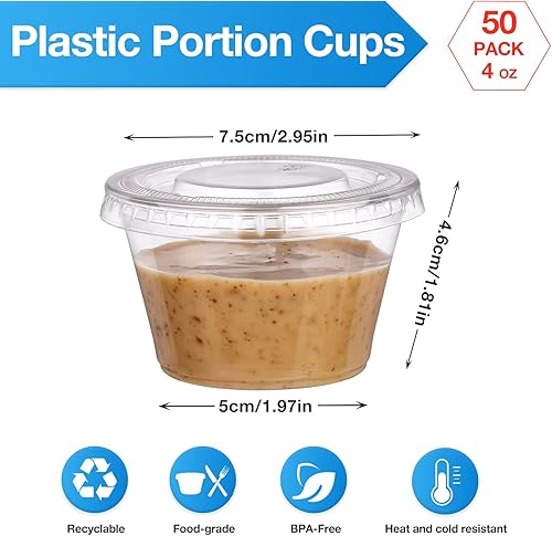 Miniatura 2 de Juego de 50 vasos de gelatina de 4 onzas con tapas, tazas de plástico para porciones, tazas desechables para soufflé, tazas pequeñas de plástico