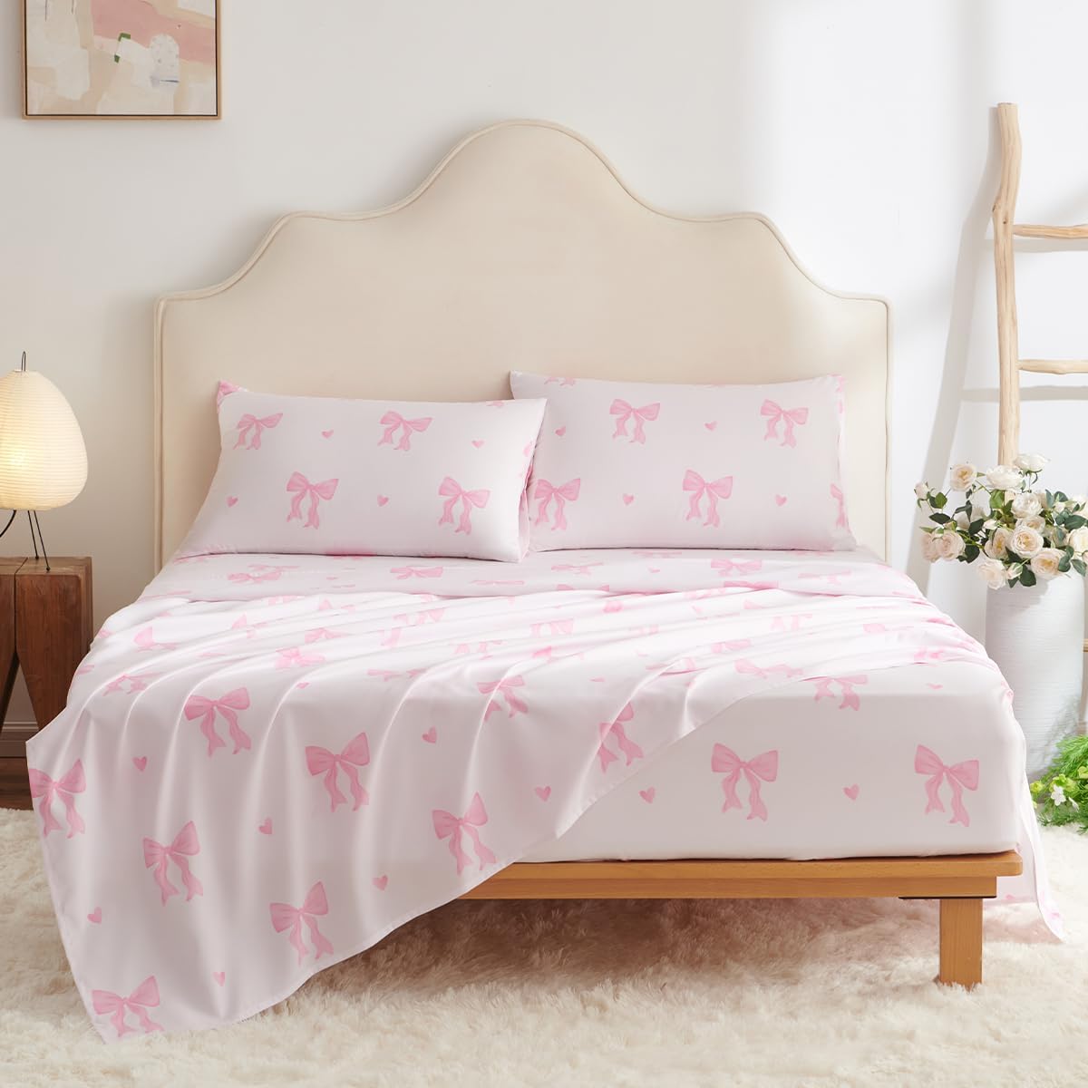 Bow Bed Sheets Queen Size 4 Piece Sheet Set, Pink Heart Bowknot Pattern Fitted Flat Sheets & Pillowcases, Coquette Aesthetic Bedding Toddlers, Deep Pocket, Soft 100% Microfiber