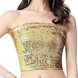 Women's Sequin Tube Top Stretchy Sleeveless Crop Tops Metallic Sparkly Tube Tops for Halloween Party Clubwear (Gold)