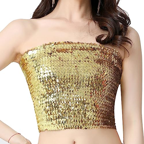 Women's Sequin Tube Top Stretchy Sleeveless Crop Tops Metallic Sparkly Tube Tops for Halloween Party Clubwear