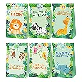 24pcs Safari Party Bags, Jungle Paper Treat Bags, Jungle Animals Gift Goodie Bags, Party Favor Bags with 36pcs Stickers Jungle Safari Zoo Baby Shower Birthday Party Favor Decorations Supplies