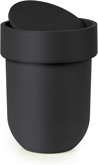 Umbra Touch Waste Can, Small 1.6 Gallon Trash Can with Lid, Swing Lid Waste Basket, Garbage Can with Lid for Washroom/Bathroom, Soft Touch, Black