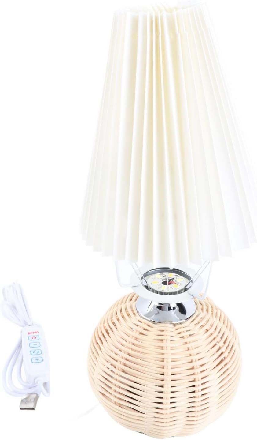 Cyrank Small Pleated Lamp, Pleated Table Lamp LED Table Lamp for Bedroom Modern Bedside Lamp with Pleated Lampshade Rattan Base Cute Bedside Lamp with USB Cable for Bedroom Office Decor